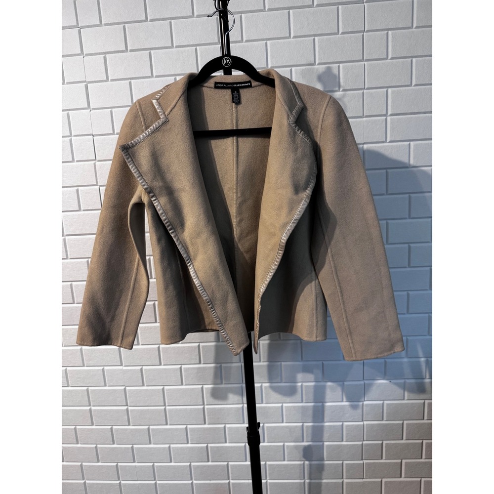Linda Allard Ellen Tracy Tan 100% Wool Open Front Jacket Metallic Trim Womens 8
